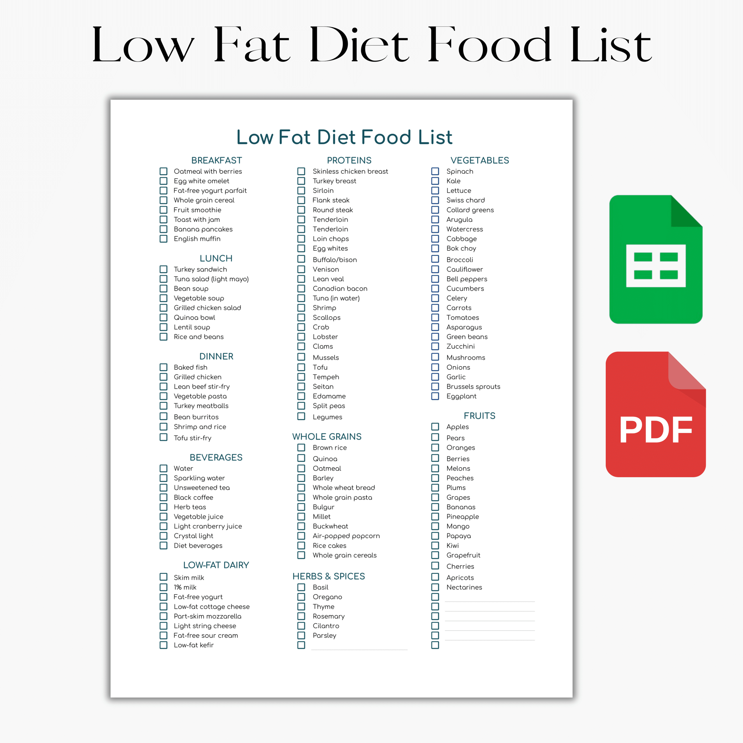 Low Fat Diet Food List And Grocery List (Google Sheet & Pdf) within Low Fat Foods List Printable