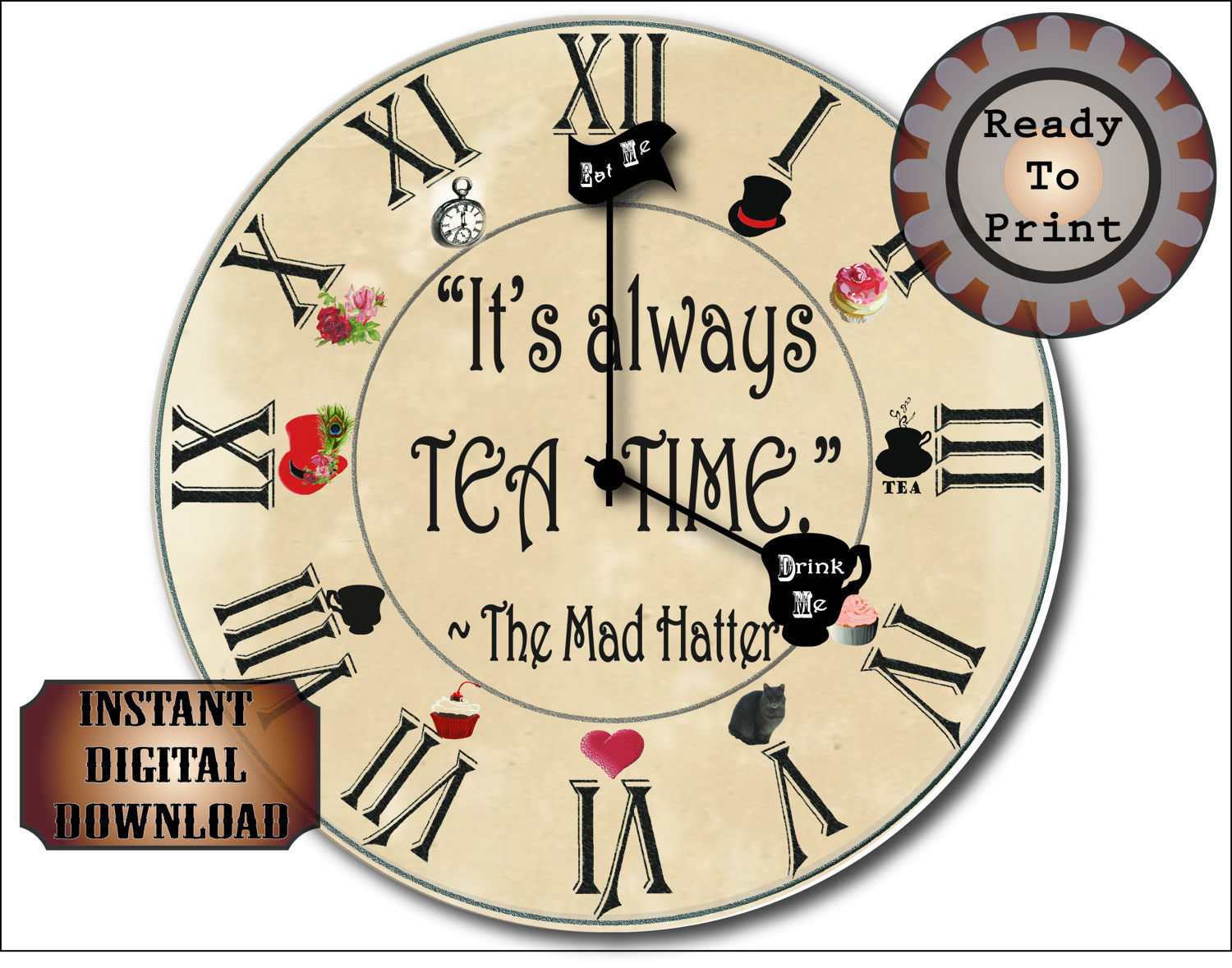 Mad Hatter Clock Printable Kit Steampunk Aged "It'S Always Tea within Alice In Wonderland Clock Printable