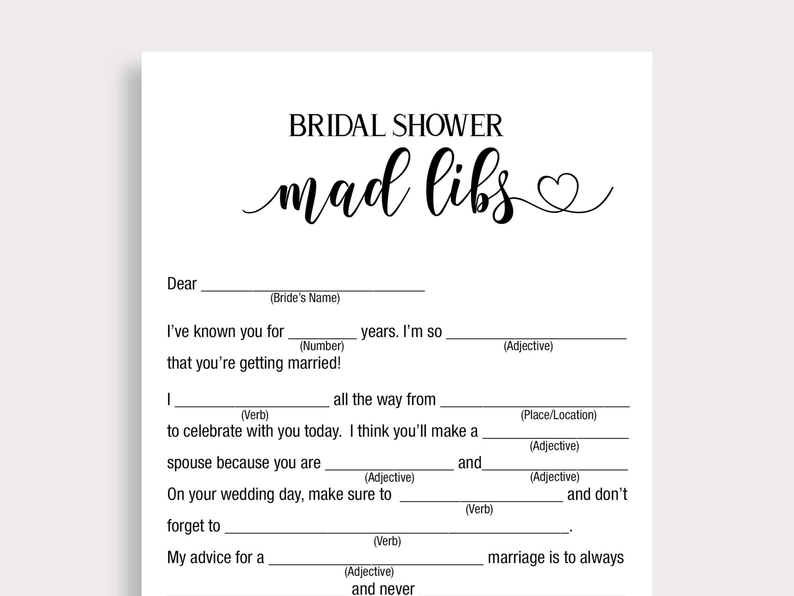 Mad Libs Bridal Shower Game Template, Printable Minimalist Bridal intended for Printable Wedding Shower Mad Libs