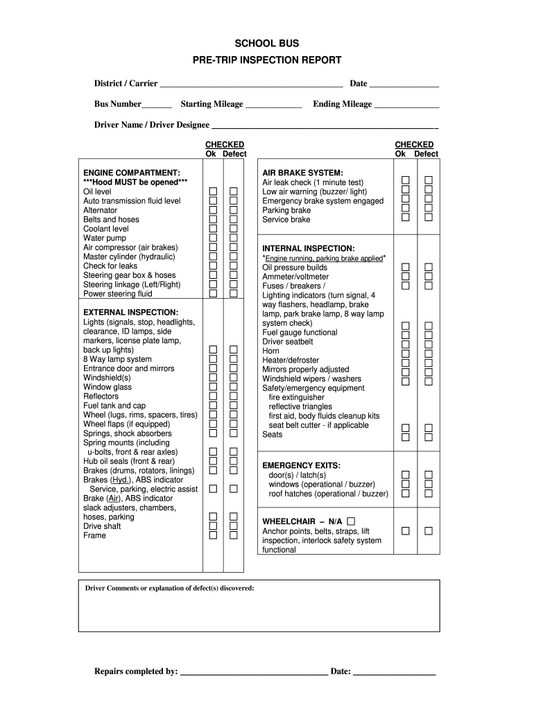 Mn School Bus Pre-Trip Inspection Form - Fill Online, Printable throughout Printable Pre Trip Inspection Checklist