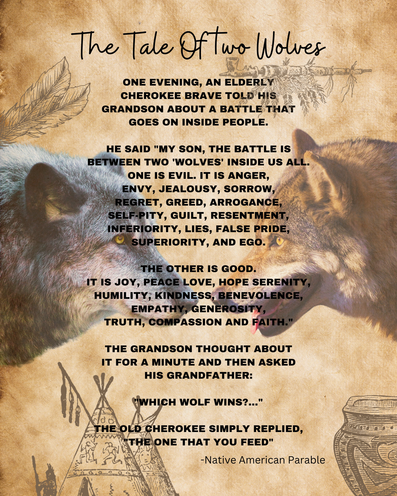 Native American Wolf Art Print: Tale Of Two Wolves Parable - Etsy pertaining to The Tale of Two Wolves Printable