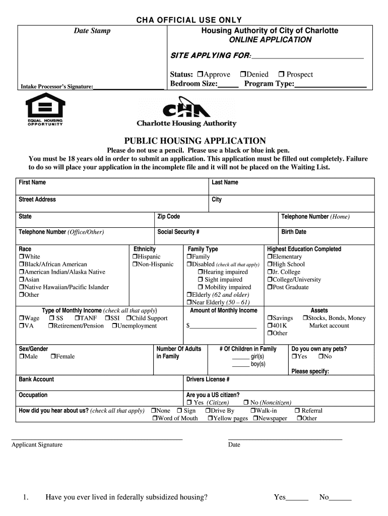Nc Public Housing Application - Charlotte Form - Fill Online with regard to Printable Application For Section 8 Housing