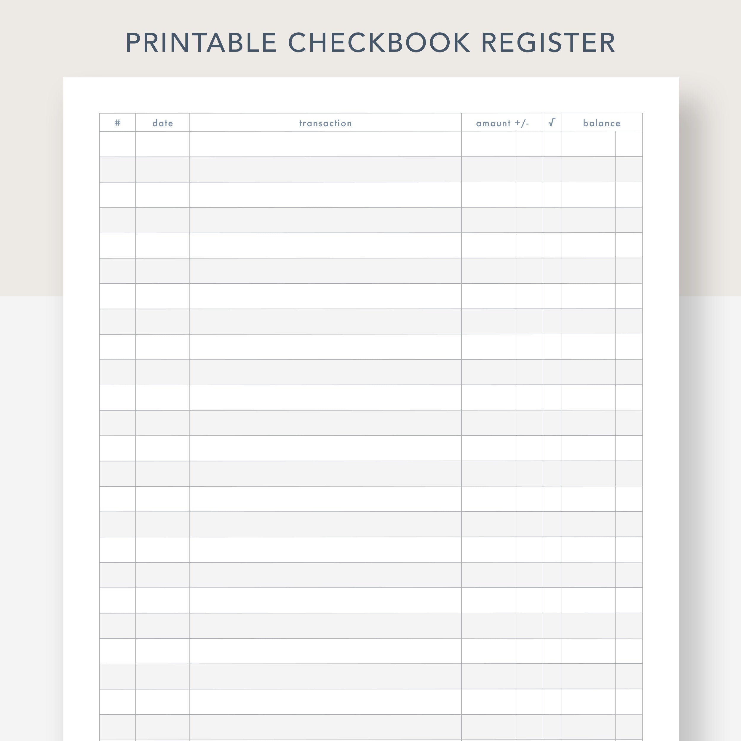 Printable Checkbook Register, Pdf File, Prints On 8 1/2 X 11 Inch in 8 1/2 X 11 Check Register Printable