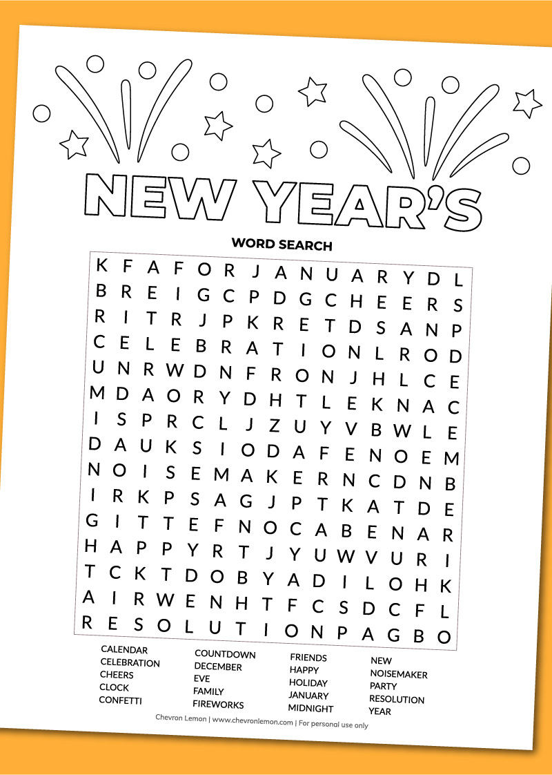 Printable New Year'S Word Search - Chevron Lemon intended for New Year Word Search Free Printable