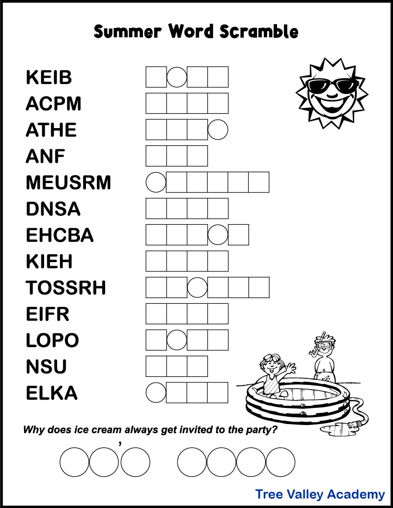 Printable Summer Word Scrambles For Kids - Tree Valley Academy with Summer Word Scramble Free Printable
