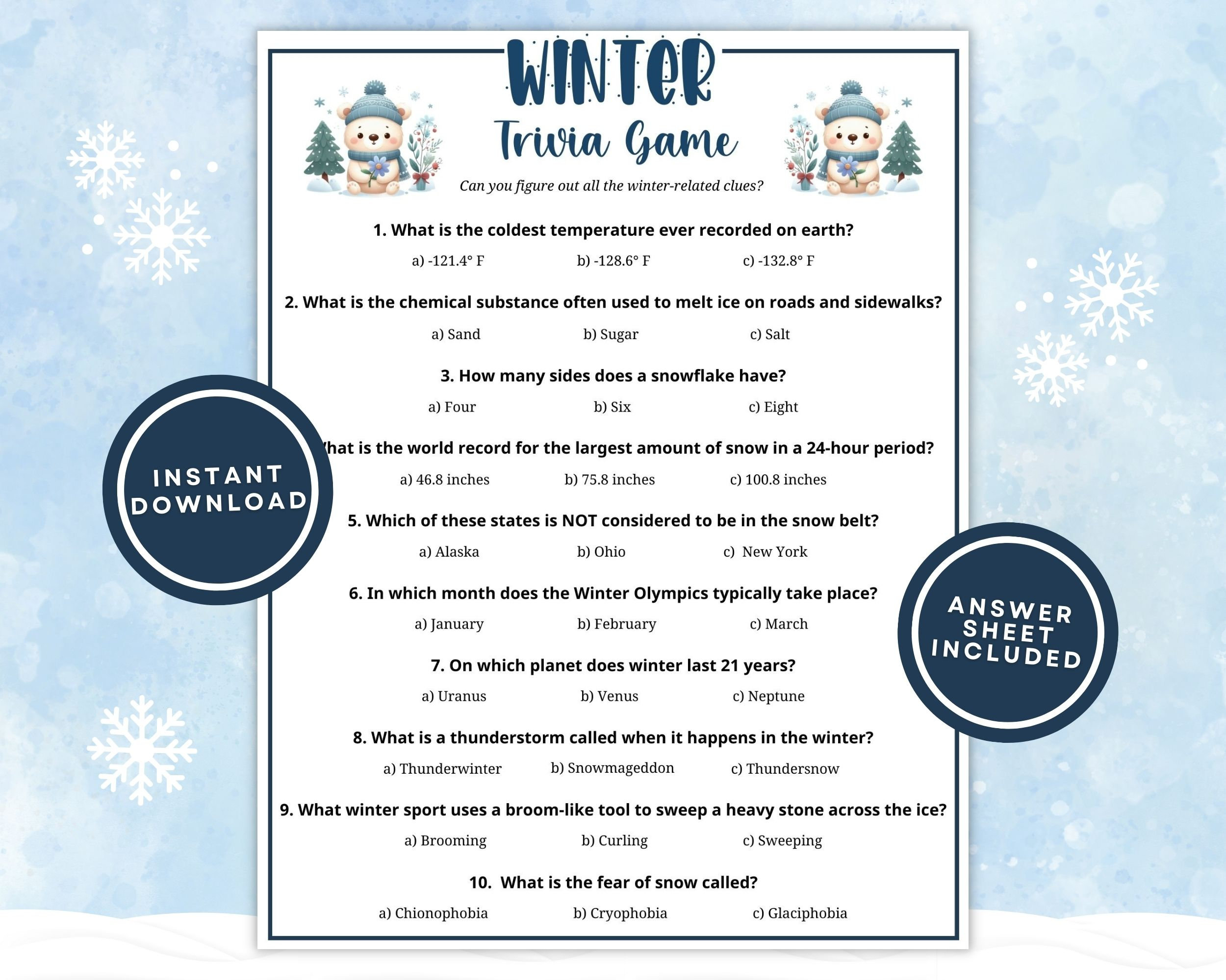 Printable Winter Trivia Game For Kids And Adults, 10 Winter Trivia pertaining to Winter Trivia Questions And Answers Printable