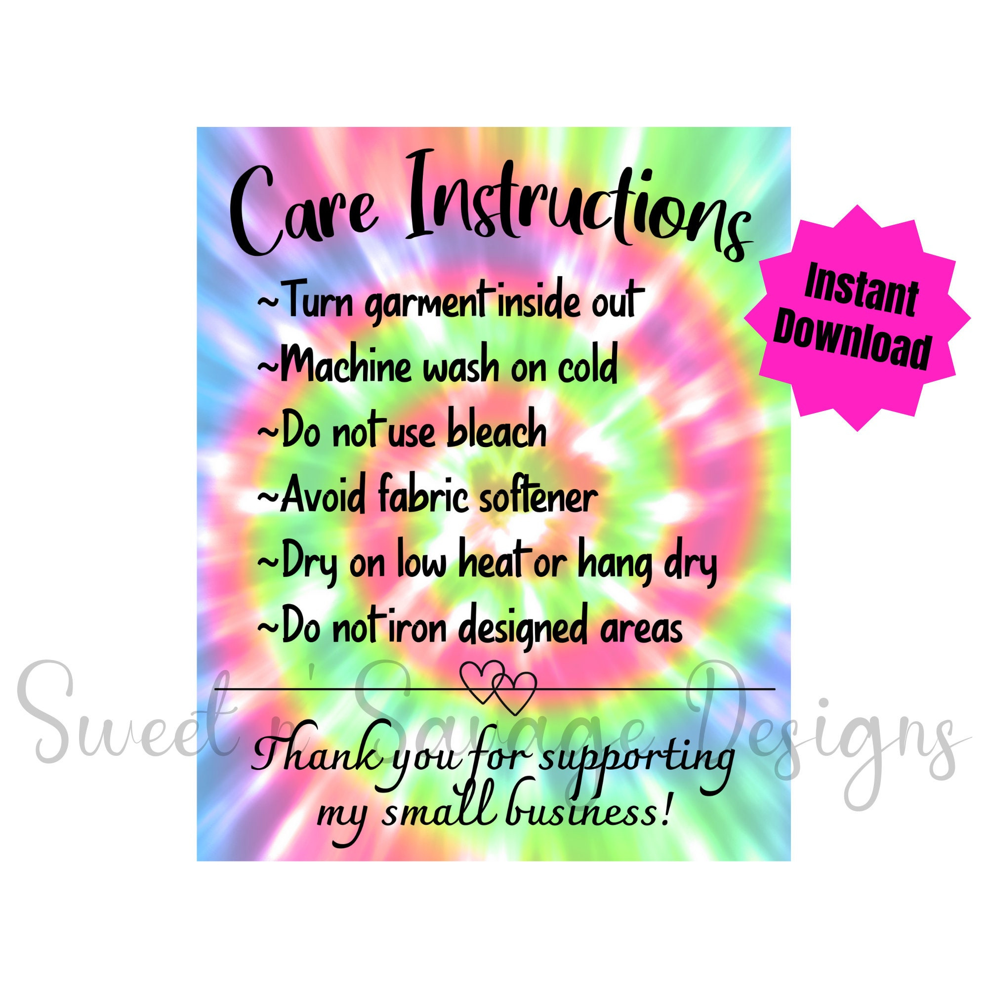 Ready To Print Shirt Care Instructions, Tie Dye Care Cards, Tie throughout Tie Dye After Care Instructions Printable