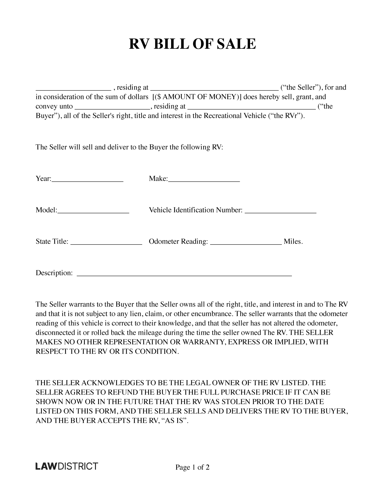 Recreational Vehicle (Rv) Bill Of Sale Form | Lawdistrict with Printable Bill of Sale For Rv