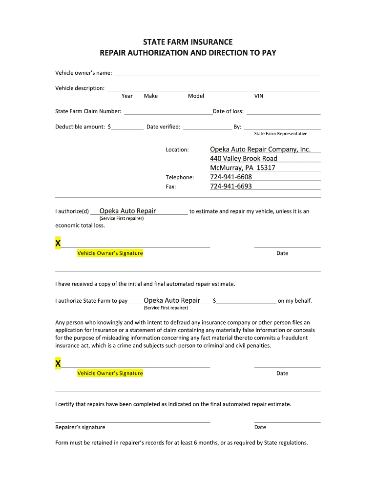 Repair Authorization And Direction To Pay Form - Fill Online within Free Printable Direction to Pay Form
