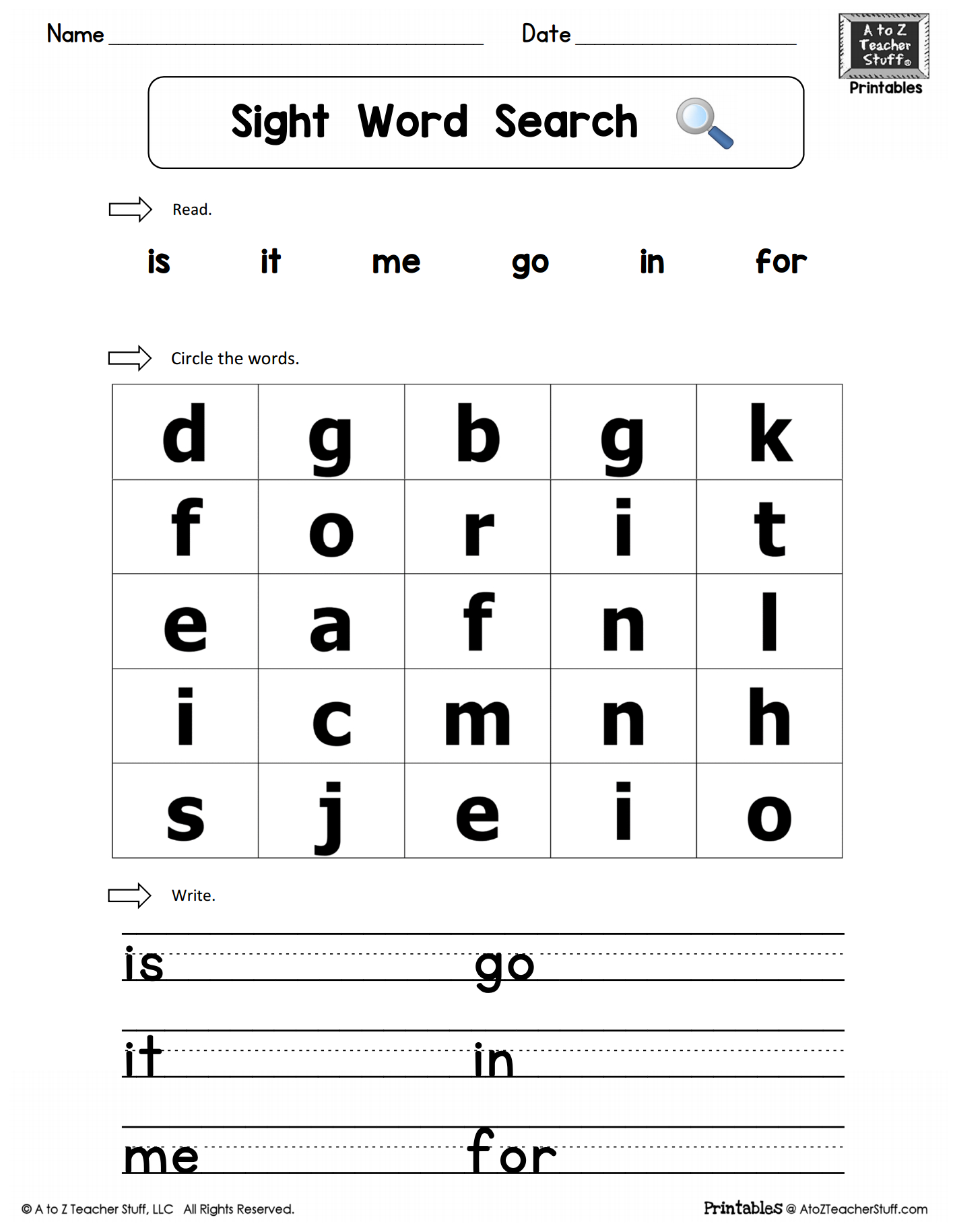 Sight Words Practice Word Search: Is, It, Me, Go, In, For | A To Z intended for Kindergarten Sight Words Worksheets Free Printables