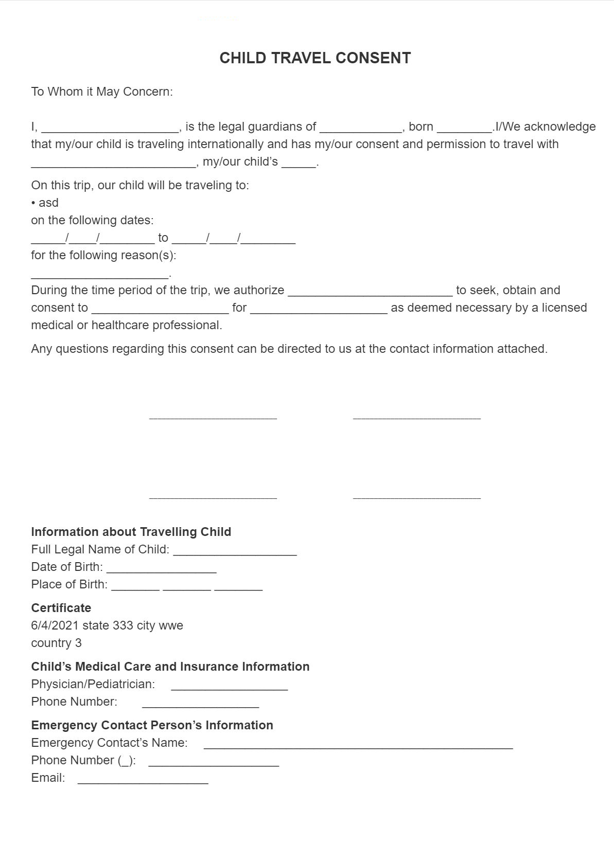 Signsimpli: Child Travel Consent Form intended for Printable Travel Consent Form For Minor with Notary