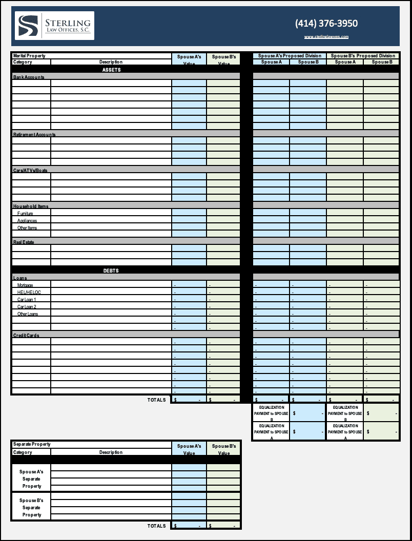 Splitting Assets Worksheet For Divorce In Wisconsin | Sterling inside Free Printable Divorce Asset Worksheet