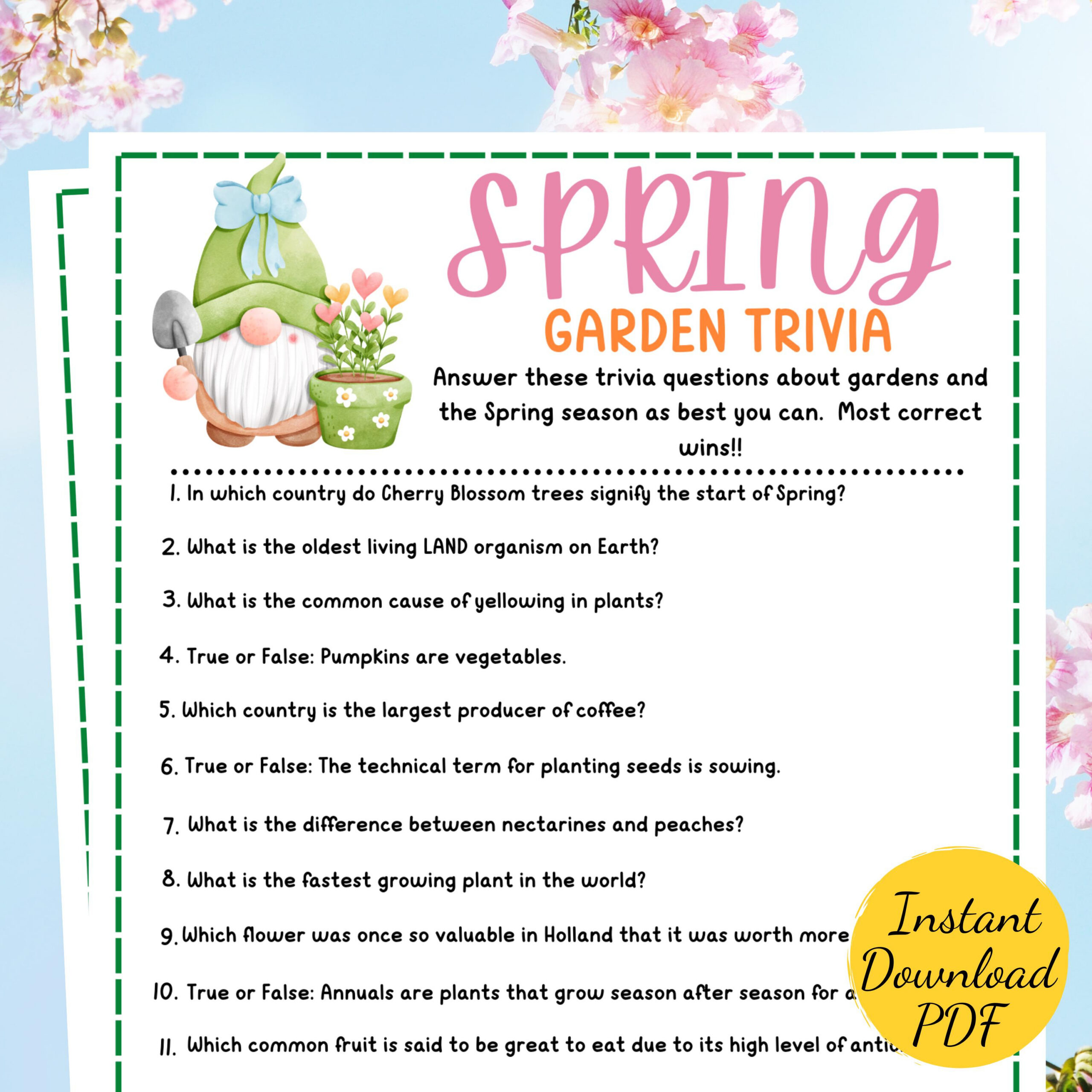 Spring Garden Trivia Game: Printable Party Activity (Pdf) - Etsy for Spring Trivia For Seniors Printable
