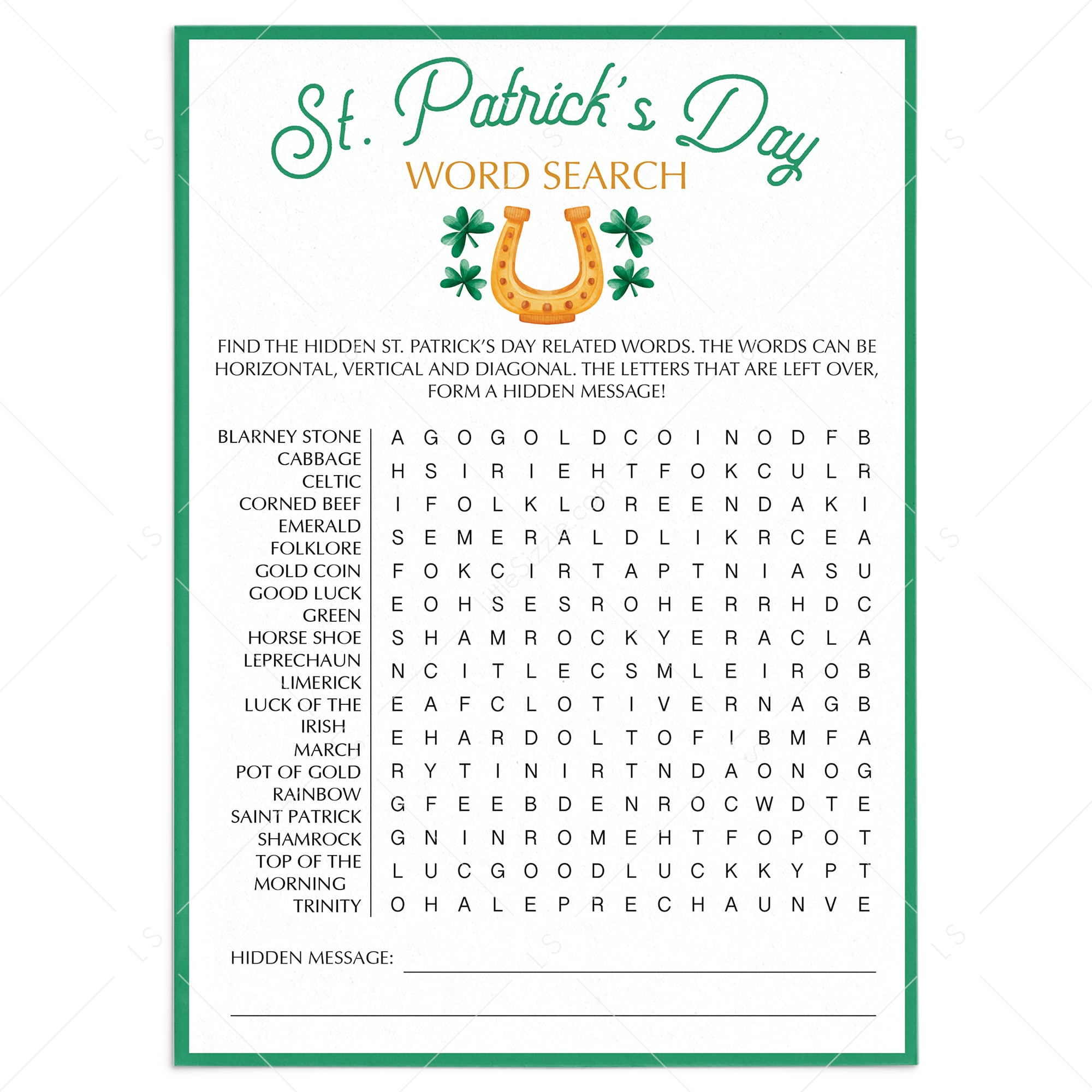 St. Patricks Day Word Search Printable | Instant Download throughout Free Printable St Patrick's Day Word Search