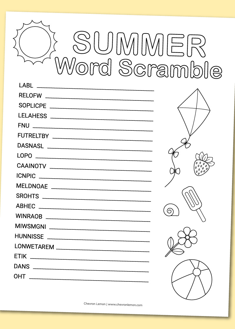 Summer Word Scramble - Chevron Lemon with Summer Word Scramble Free Printable