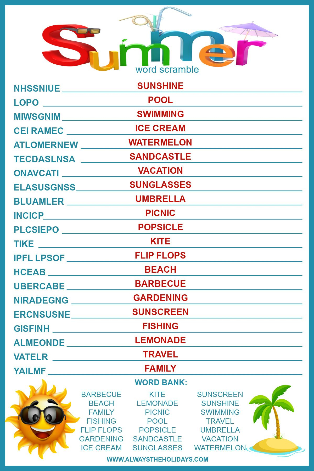 Summer Word Scramble With Answers - Free Printable For Kids in Summer Word Scramble Free Printable