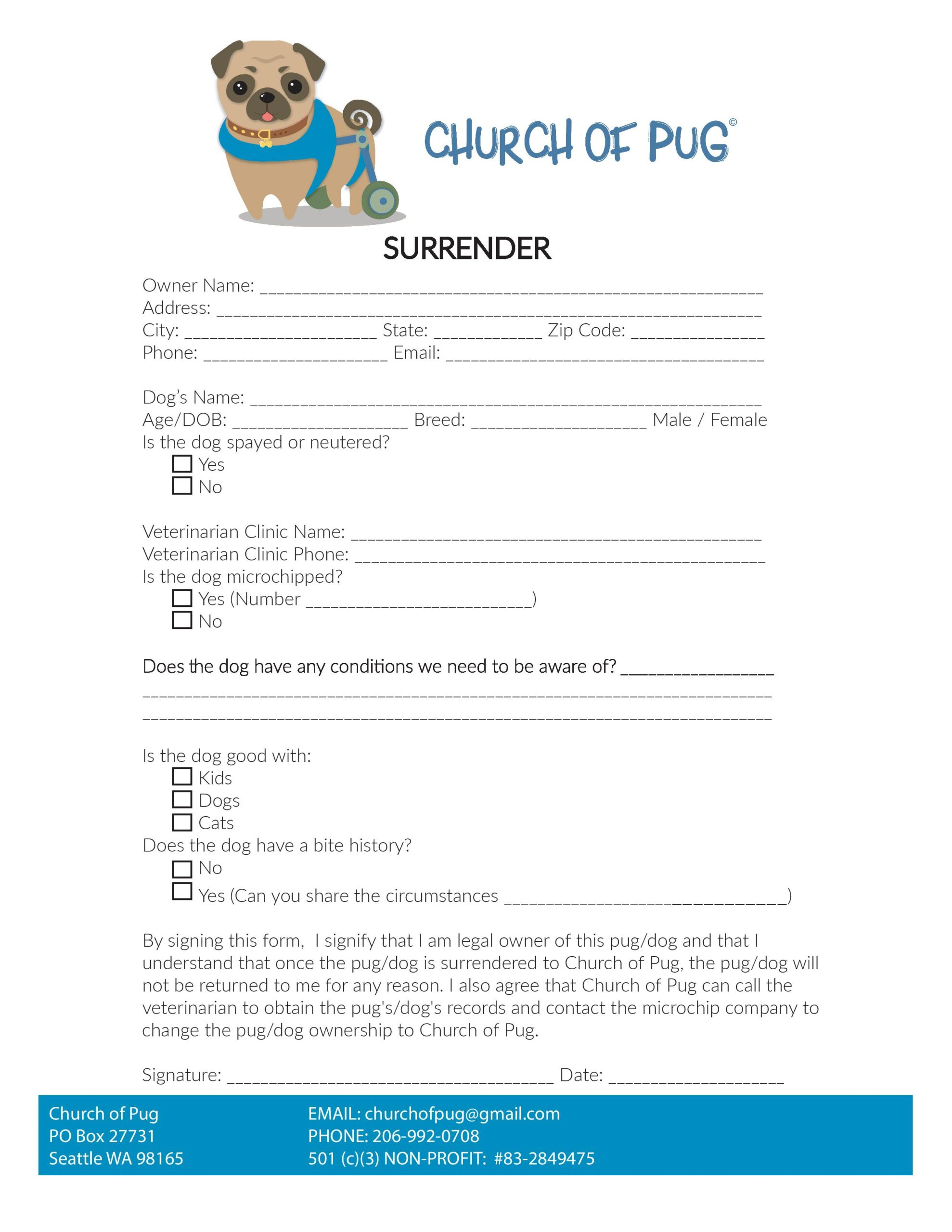 Surrender Form Printable – Church Of Pug for Free Printable Animal Surrender Form
