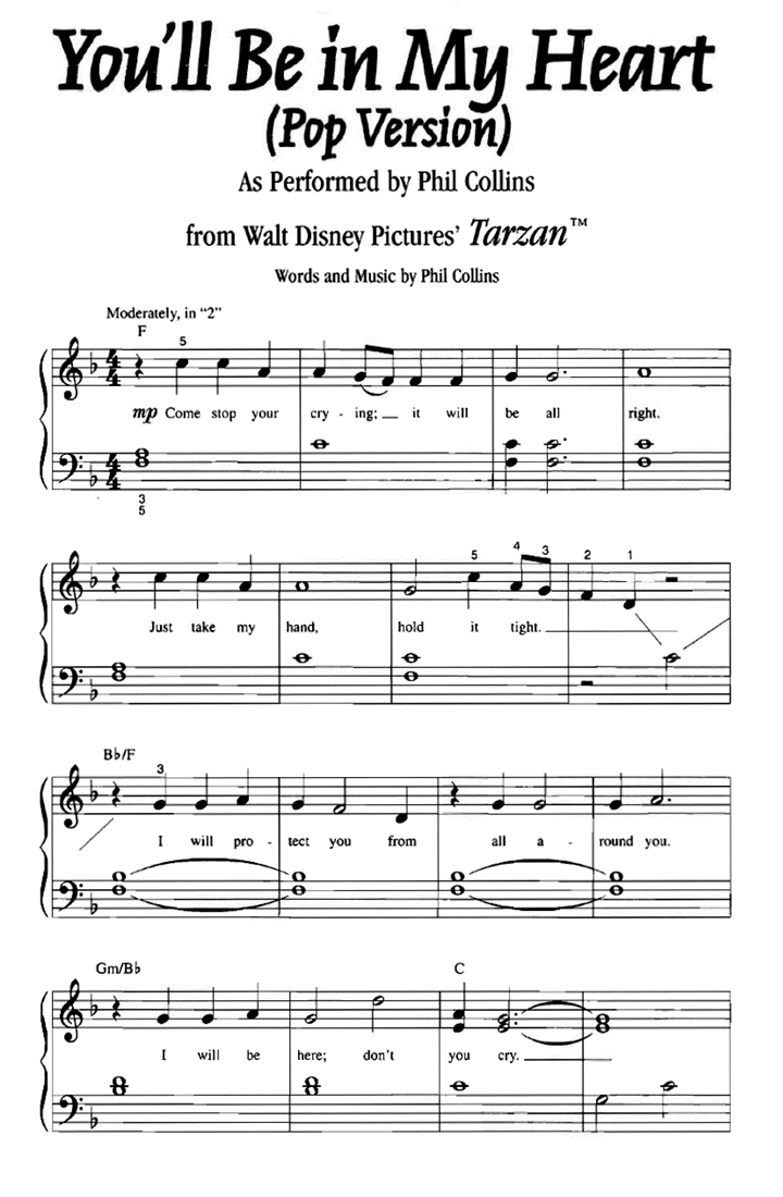 Tarzan You'Ll Be In My Heart Easy Piano Sheet Music | Easy Sheet Music within Easy Piano Sheet Music Free Printable