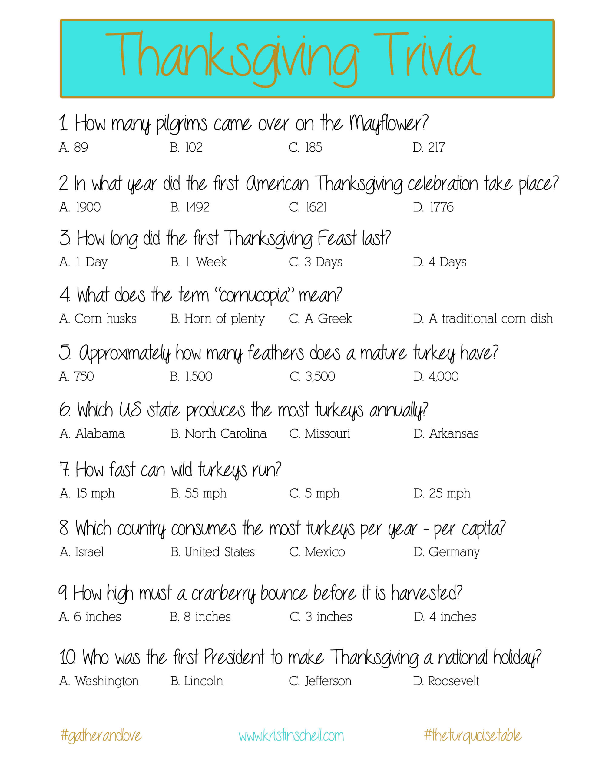 Thanksgiving Trivia {A Printable For Your Gathering} - The intended for Thanksgiving Trivia Multiple Choice Printable