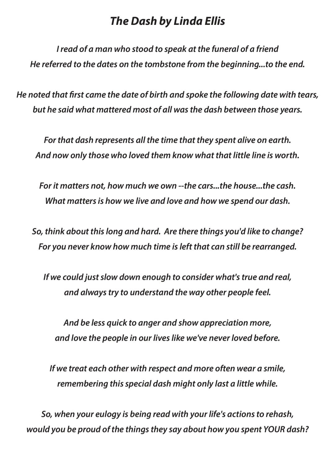 The Dashlinda Ellis Poem, Missing You, Bereavement, Rainbow in The Dash Poem Printable