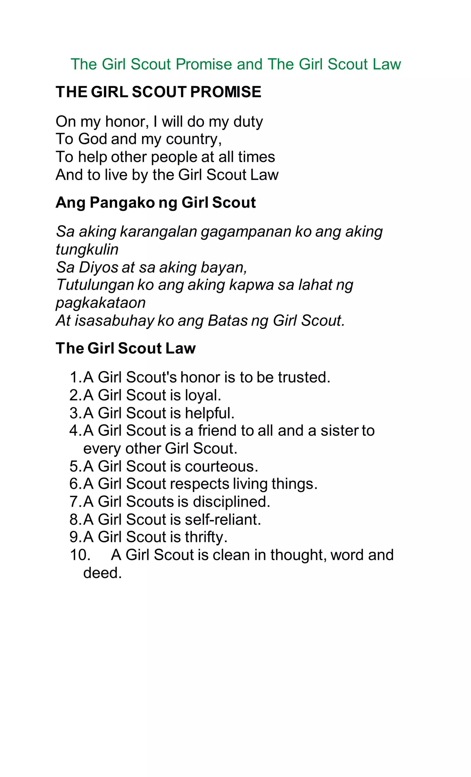 The Girl Scout Promise And The Girl Scout Law | Docx with Girl Scout Promise And Law Printable