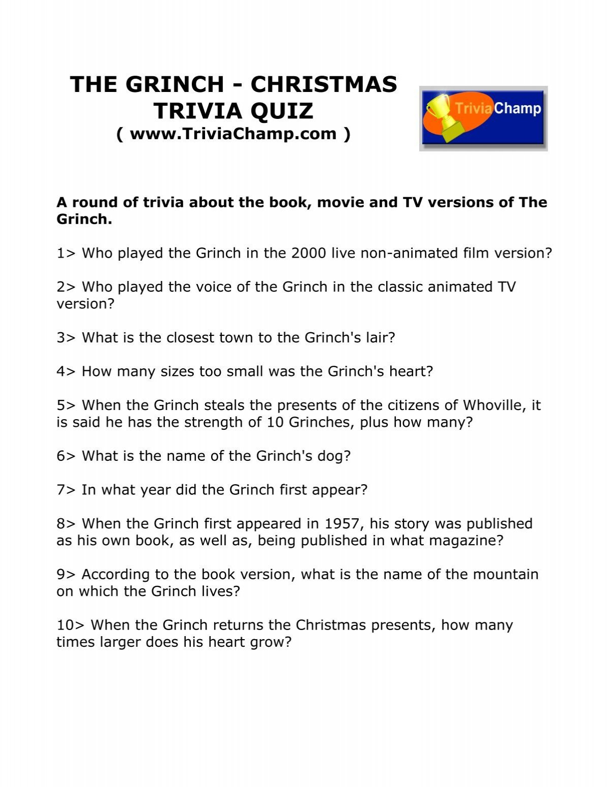 The Grinch - Christmas Trivia Quiz - Trivia Champ throughout Grinch Trivia Questions And Answers Printable