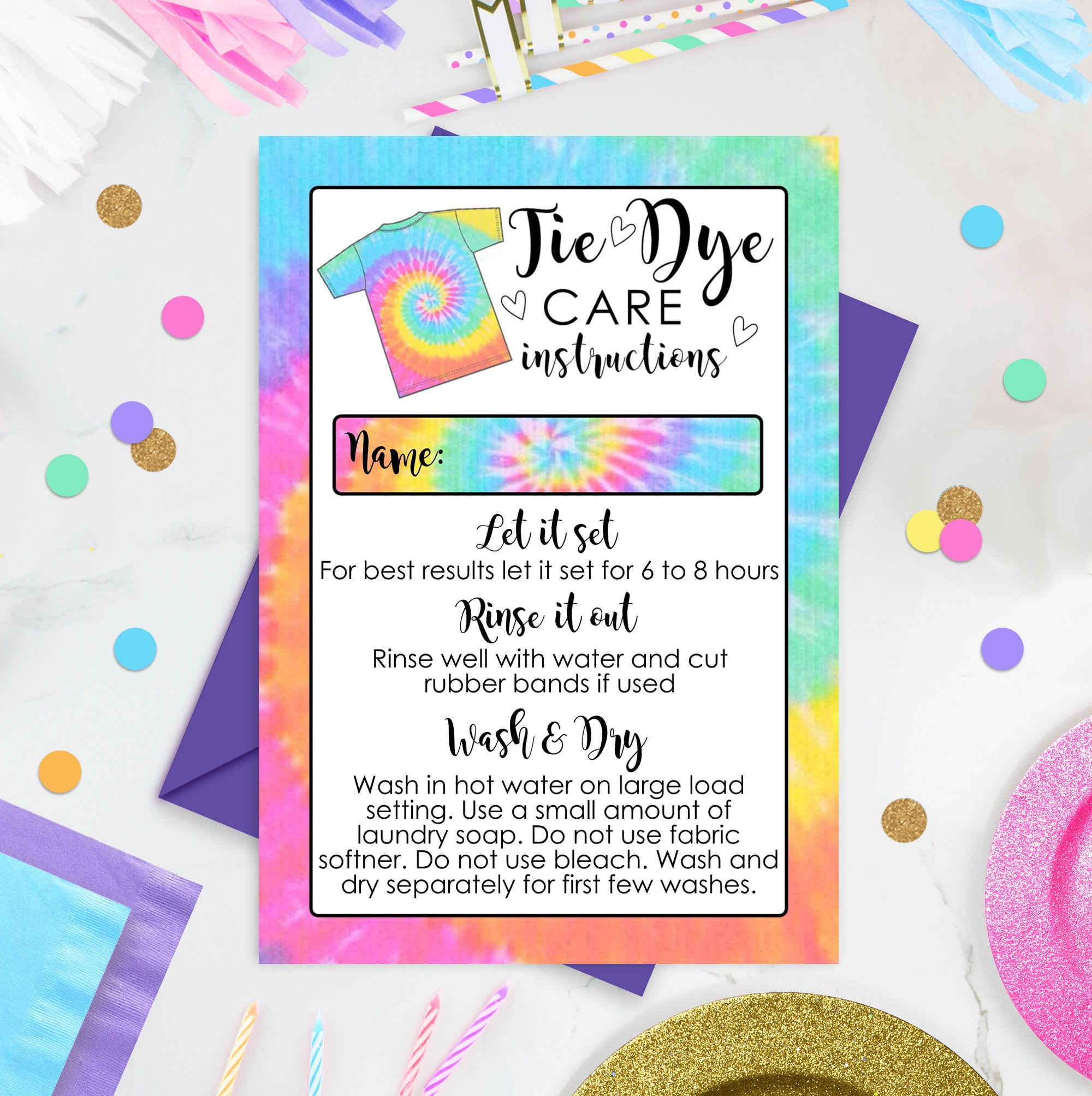 Tie Dye Care Instructions Card: Rainbow Design (Digital Download throughout Tie Dye Care Instructions Printable