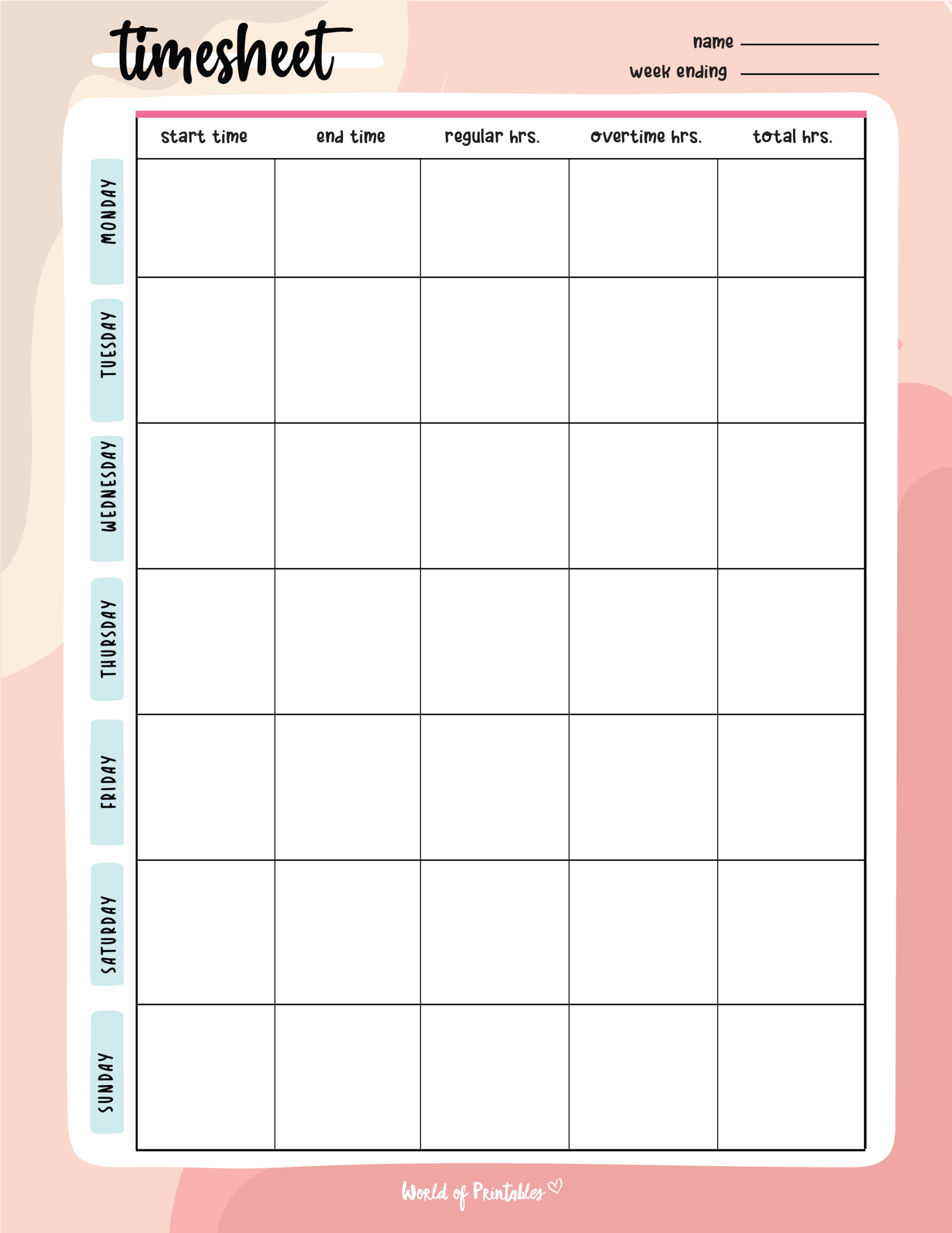 Timesheet Templates - World Of Printables intended for Free Time Card Template Printable