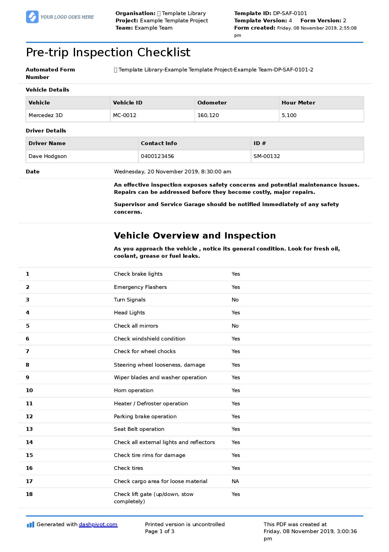 Truck Driver Pre Trip Inspection Checklist Template intended for Printable Pre Trip Inspection Checklist