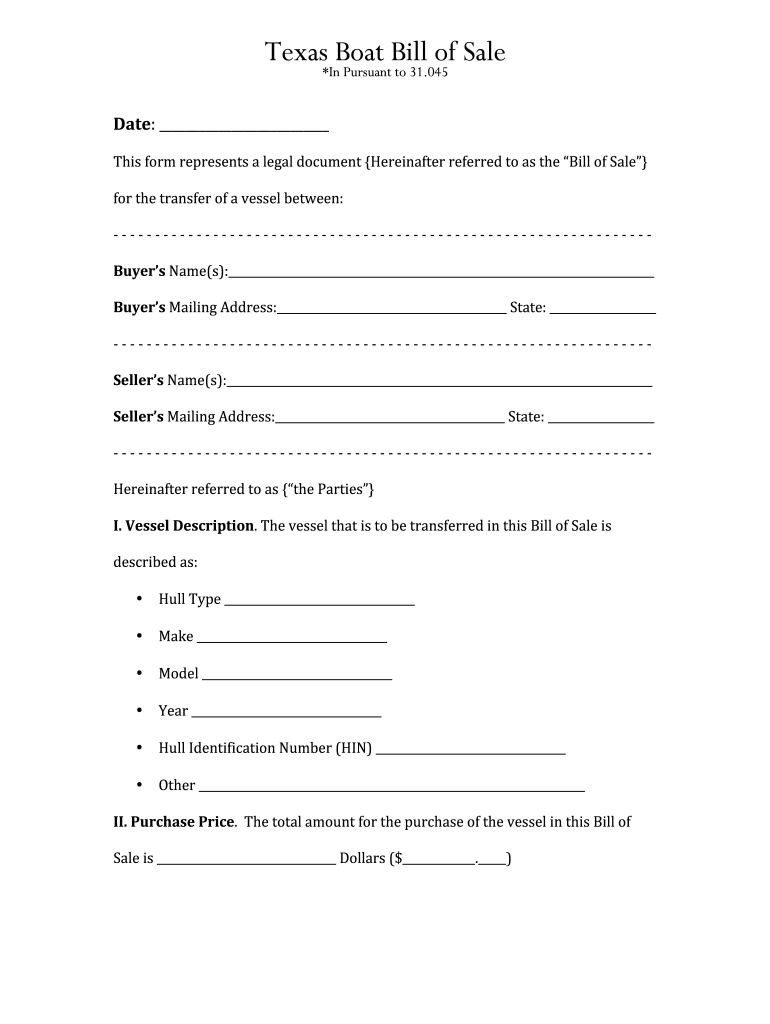 Tx Boat Bill Of Sale Form - Fill Online, Printable, Fillable throughout Printable Boat Bill Of Sale Texas