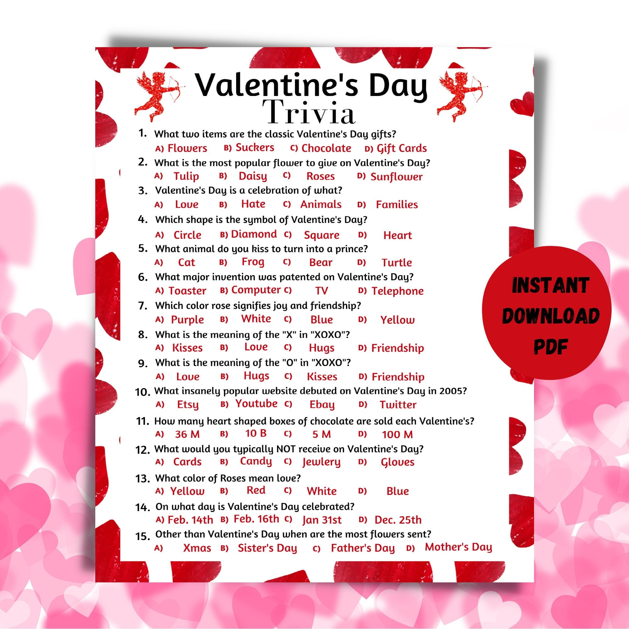 Valentine'S Day Printable Trivia Game, Valentine'S Day Instant pertaining to Valentine'S Day Trivia Questions And Answers Printable