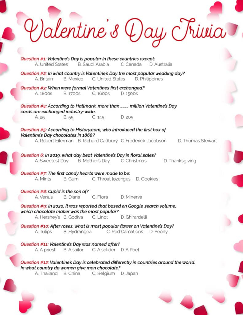 Valentine'S Day Trivia Questions And Answers Printable with Valentine Trivia Questions and Answers Printable