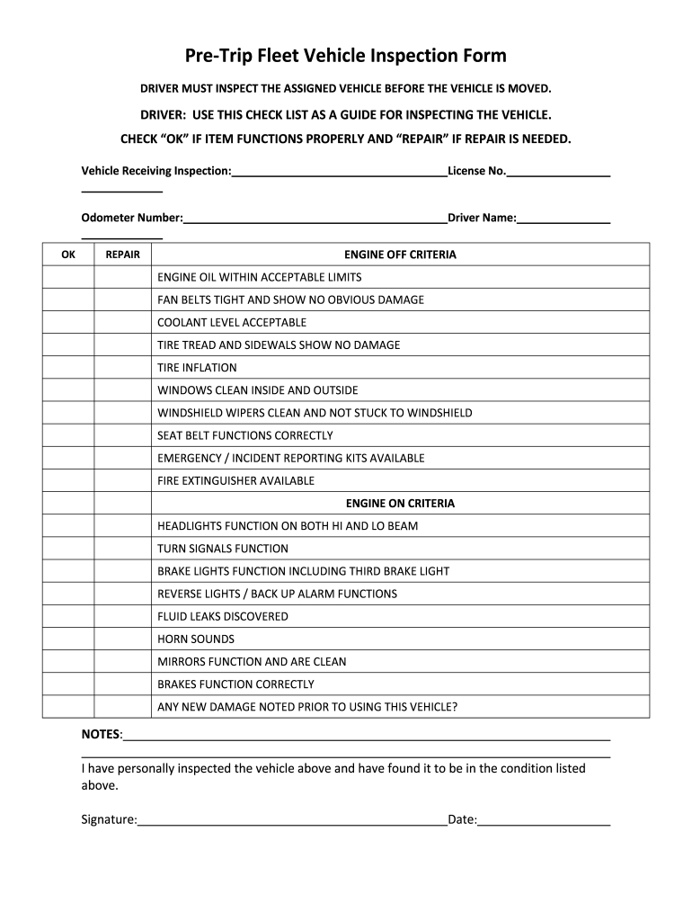 Vehicle Pre Trip Inspection Checklist: Fill Out & Sign Online | Dochub in Printable Pre Trip Inspection Checklist
