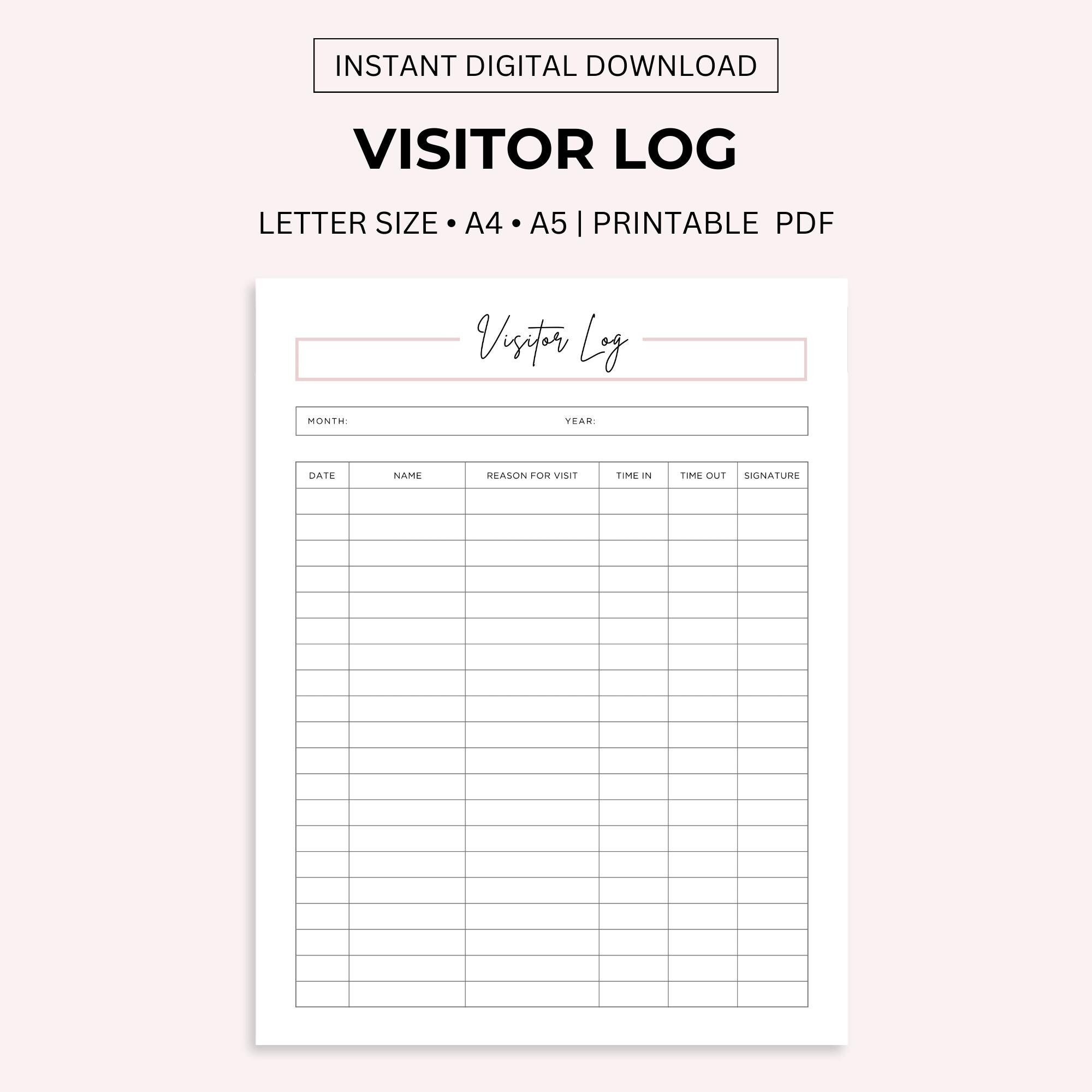 Visitor Log Printable: Sign In/Out Sheet (Letter/A4/A5 Pdf) - Etsy.de pertaining to Visitor Sign In Sheet Printable