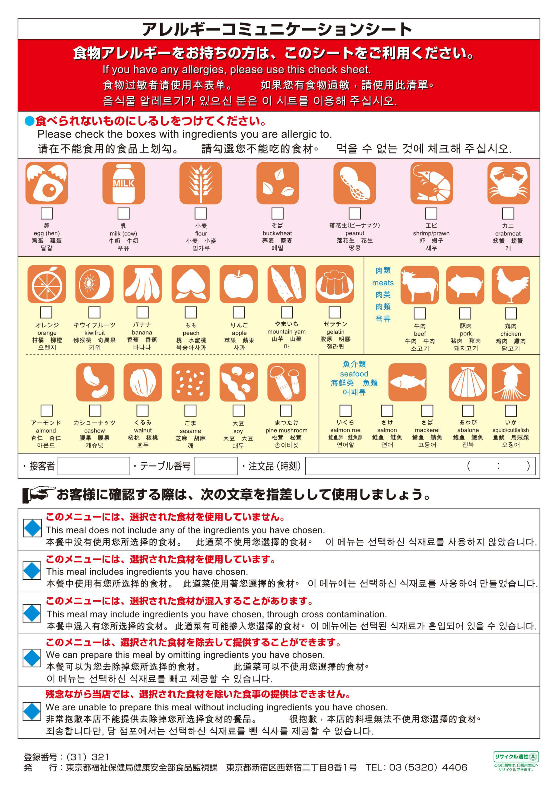 We Created Food Allergy Communication Sheet|Tokyo Food Safety intended for Free Printable Allergy Cards Japanese
