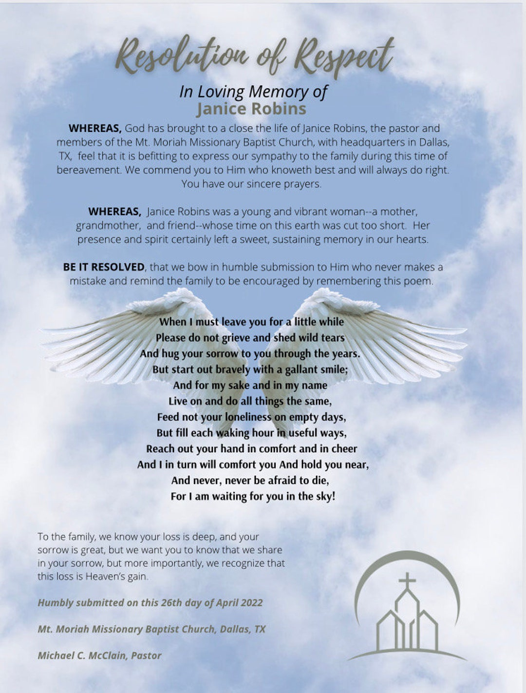 Wings - Funeral Resolution Letter (Download Only) - Etsy inside Printable Church Funeral Resolution