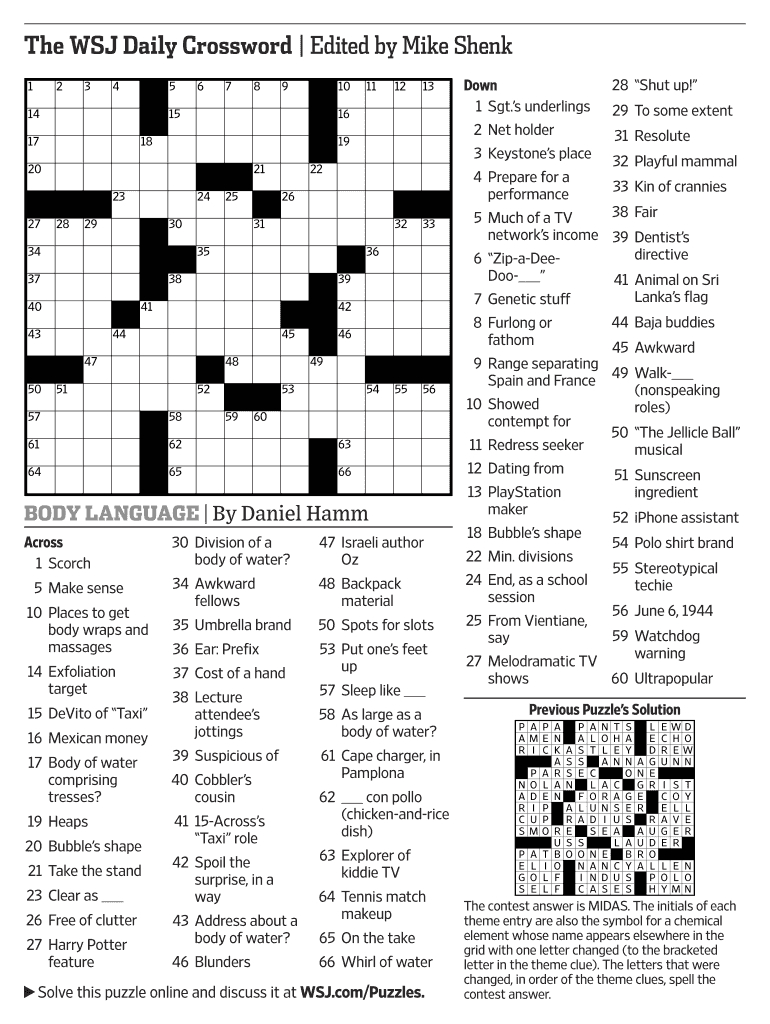 Wsj Crossword Today Printable Pdf - Fill Online, Printable intended for Wsj Saturday Crossword Today Free Printable