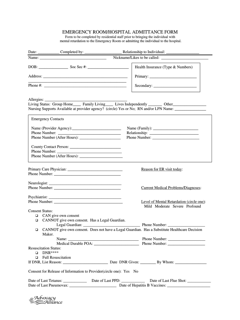 Advocacy Alliance Emergency Room Hospital Admittance Form - Fill