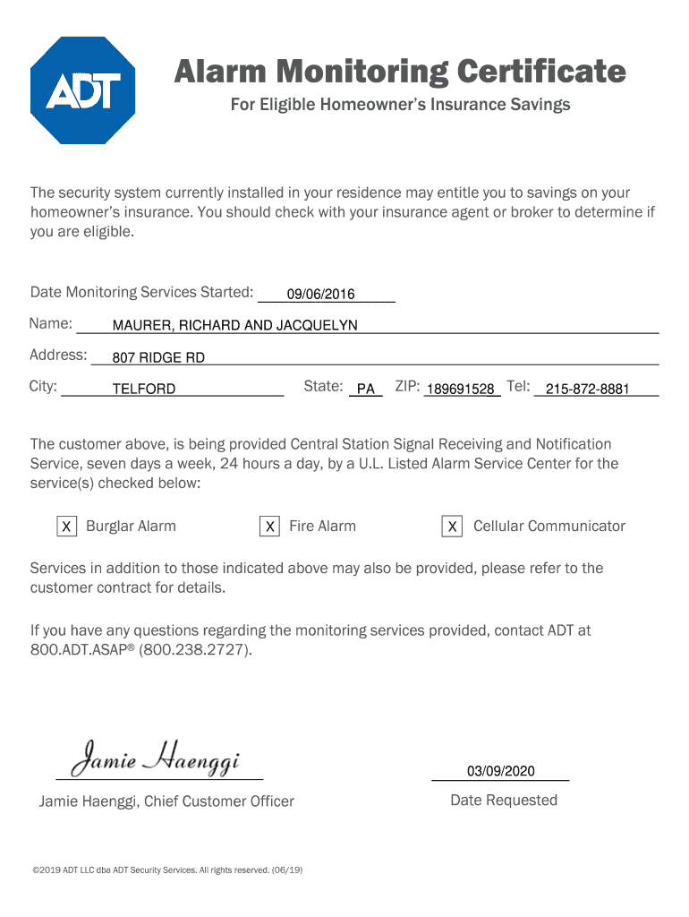 Alarm Monitoring Certificate Certificate: Fill out & sign online