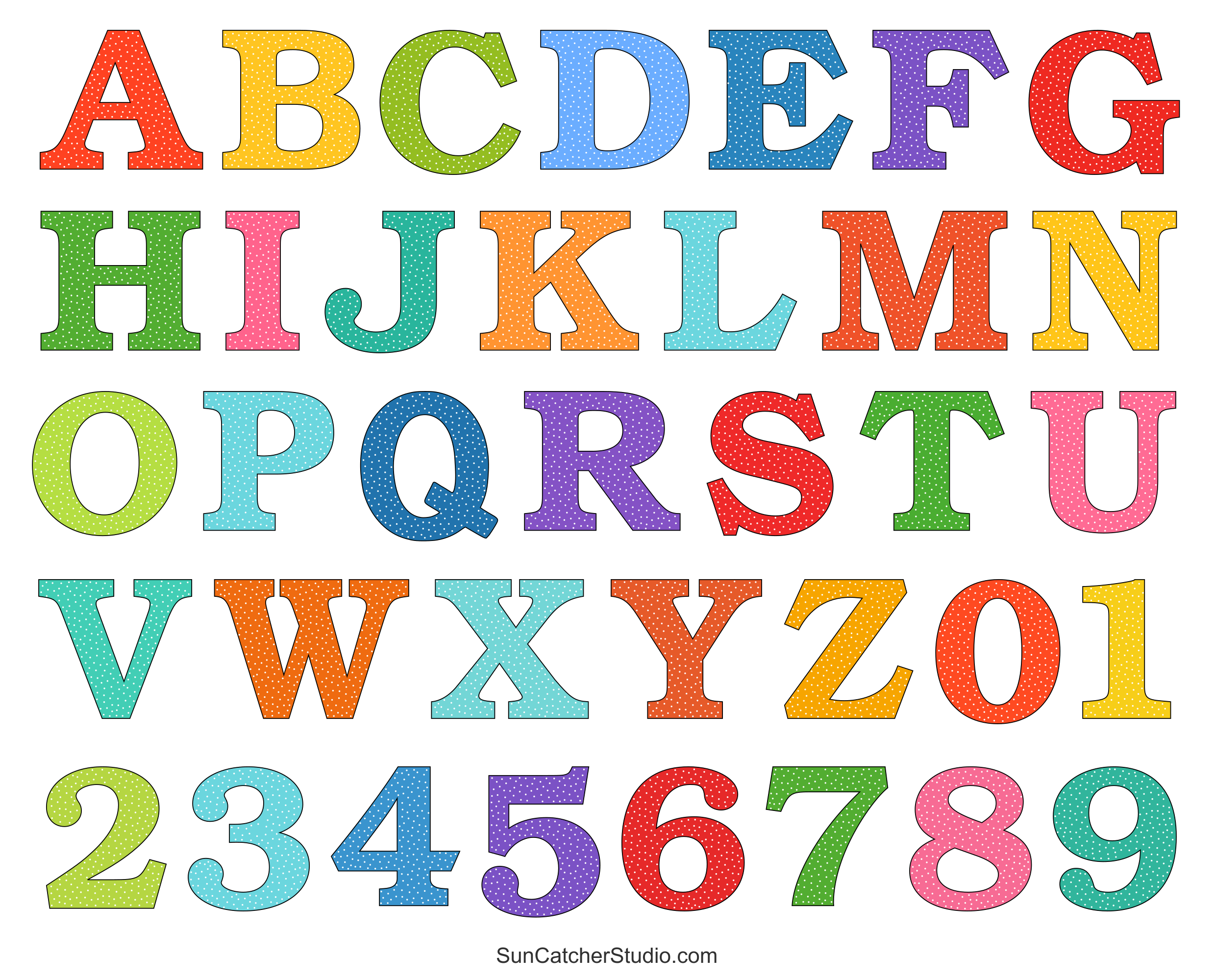 Alphabet Letters and Numbers with a Colorful Polka Dot Design