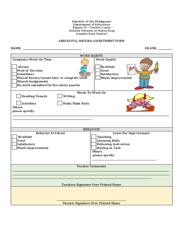 Anecdotal Record Assestment Form  PDF  Applied Psychology  Teaching