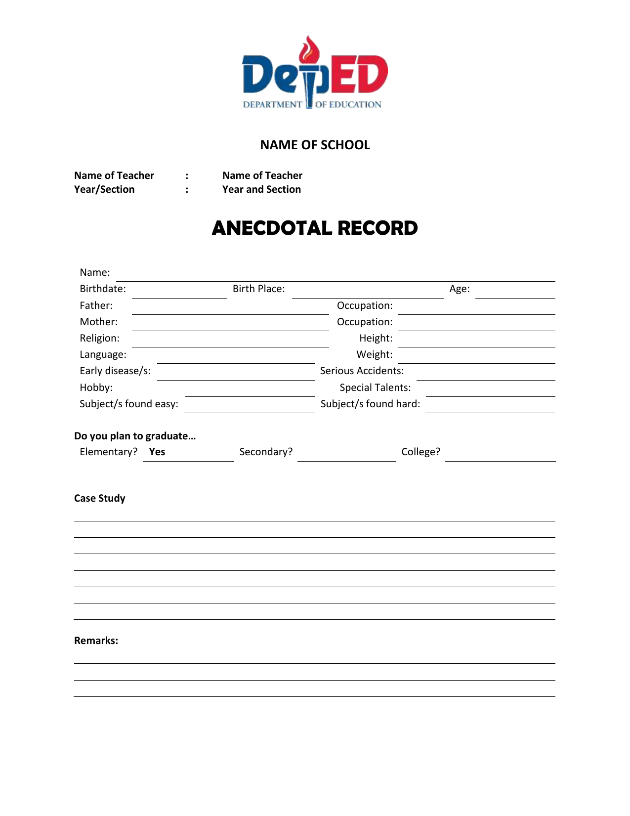 Anecdotal Record Form for Students