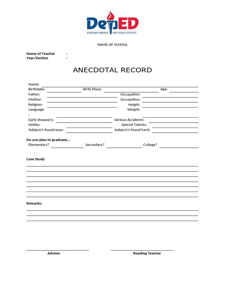 Anecdotal Record FREE Template PDF Anecdotal Record FREE Template PDF