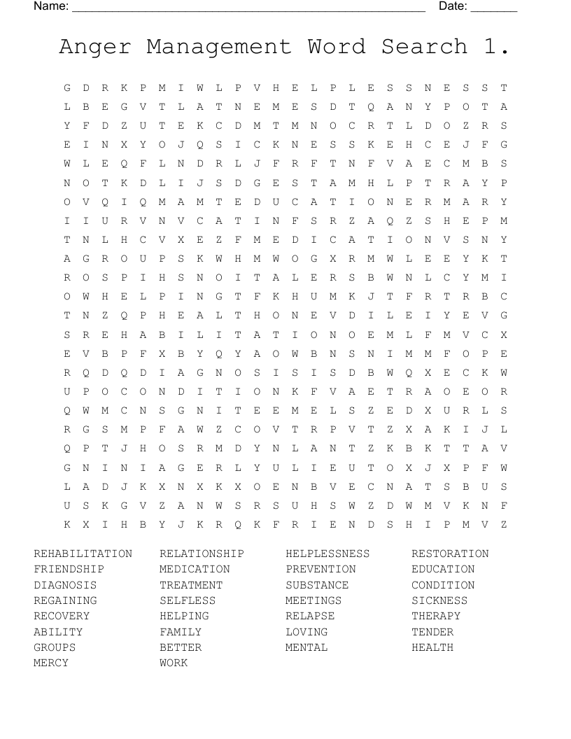Anger Management Word Search Anger Management Word Search