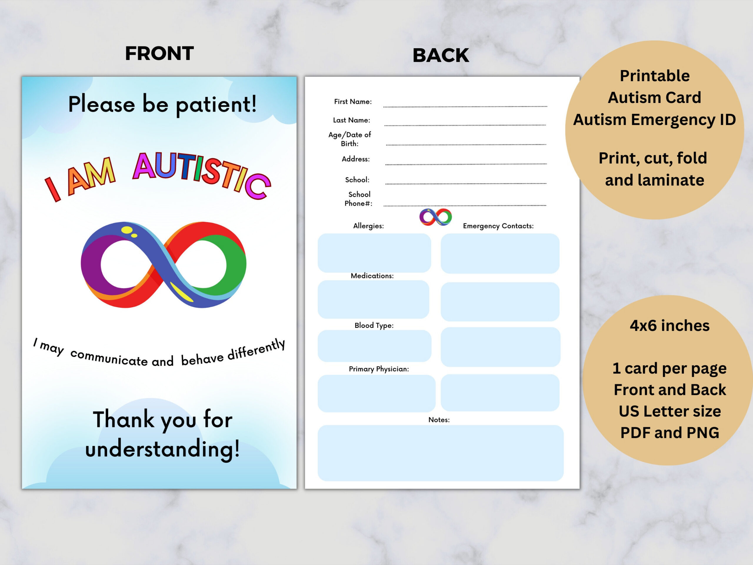 Autism Card, Printable, Autism Emergency ID, I Am Autistic Sign