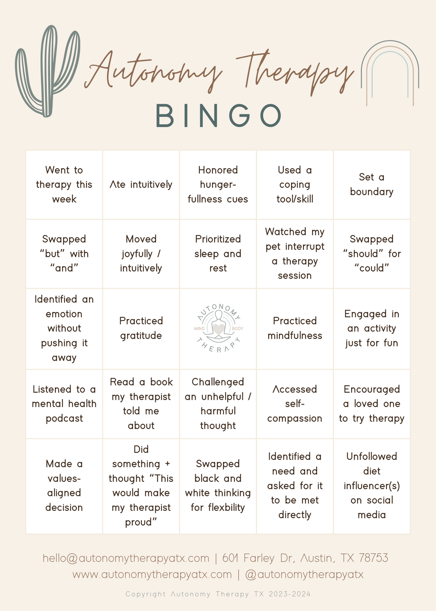 Autonomy Therapy Resources  Bingo Card + Essential Reads