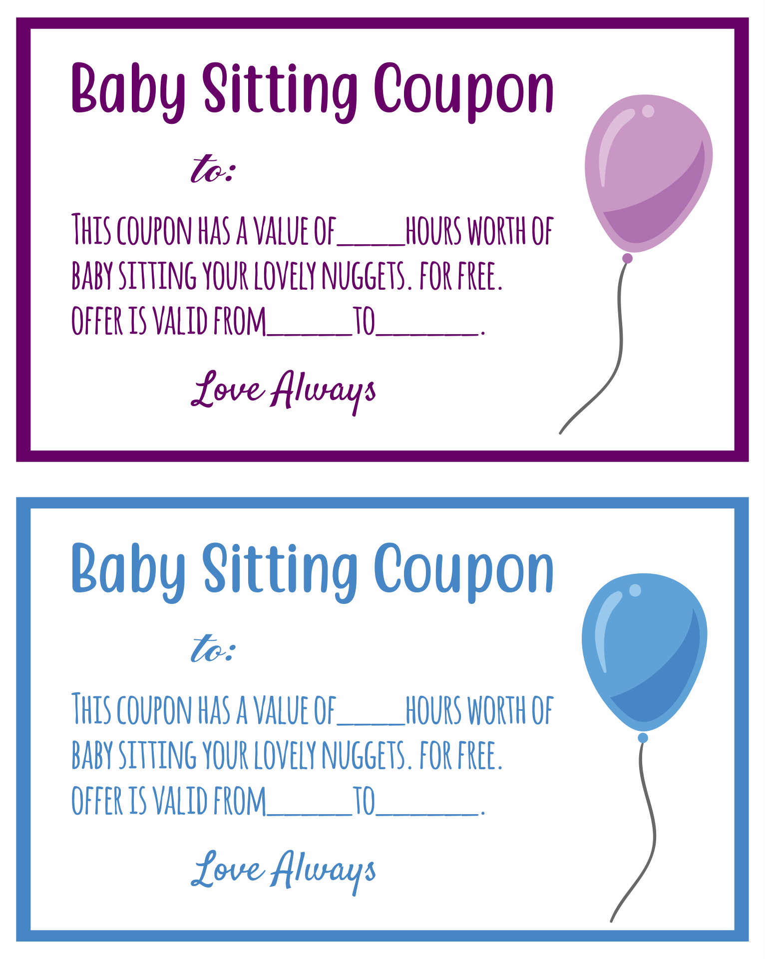 Babysitting Voucher Template -  Free PDF Printables  Printablee