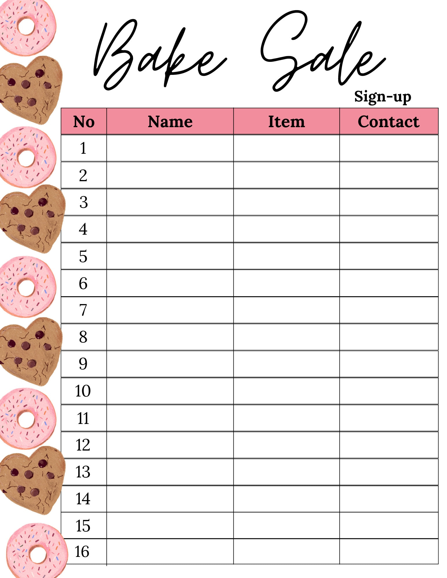 Bake Sale Sign up Sheet  Bake Sale Sheet  Printable Bake Sale