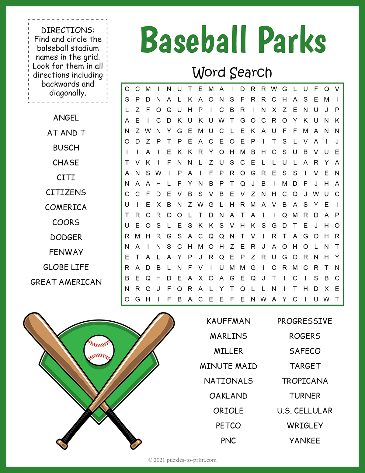 Baseball Parks Word Search