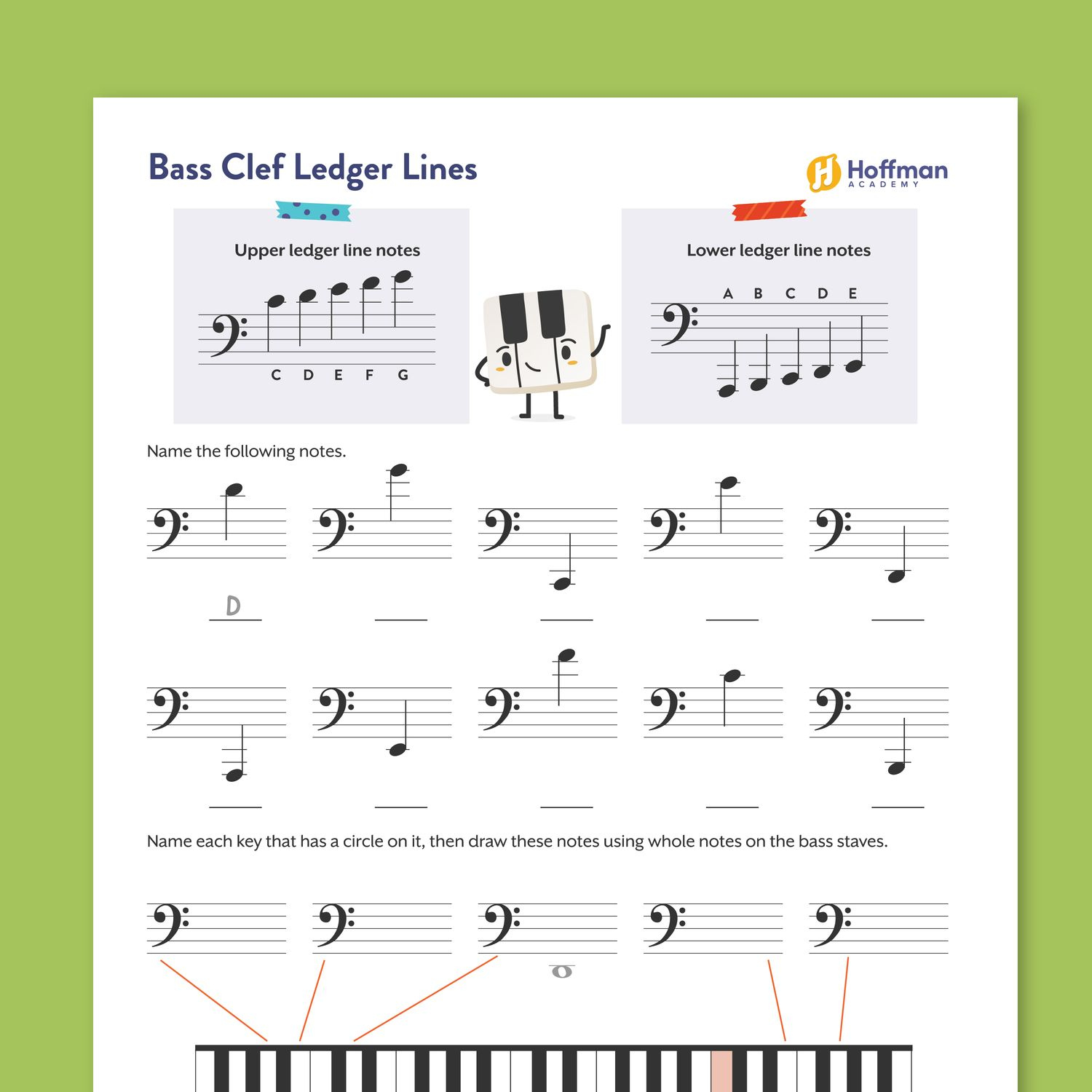 Bass Clef Ledger Lines & Notes Activity Sheet  Printable
